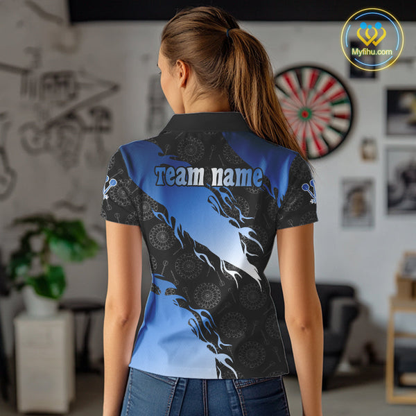 Custom Blue Gradient Flame Dartboard Pattern Dart Team Women Polo Shirt, Dart League Shirt NYN0291