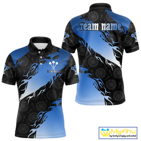 Custom Blue Gradient Flame Dartboard Pattern Dart Team Men Polo Shirts, Dart League Shirt NYN0291