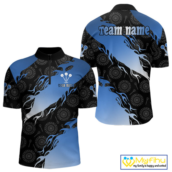 Custom Blue Gradient Flame Dartboard Pattern Dart Team Men Quarter-Zip Shirts, Dart League Shirt NYN0291