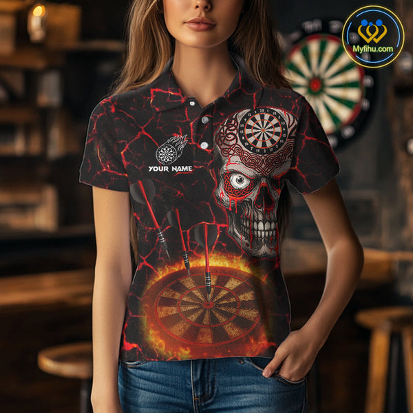 Custom Fire Flame Dartboard Tribal Skull Dart Women Polo Shirt, Halloween Dart Outfit NYN0554