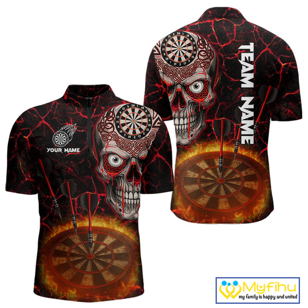 Custom Fire Flame Dartboard Tribal Skull Dart Men Quarter-Zip Shirt, Halloween Dart Outfit NYN0554