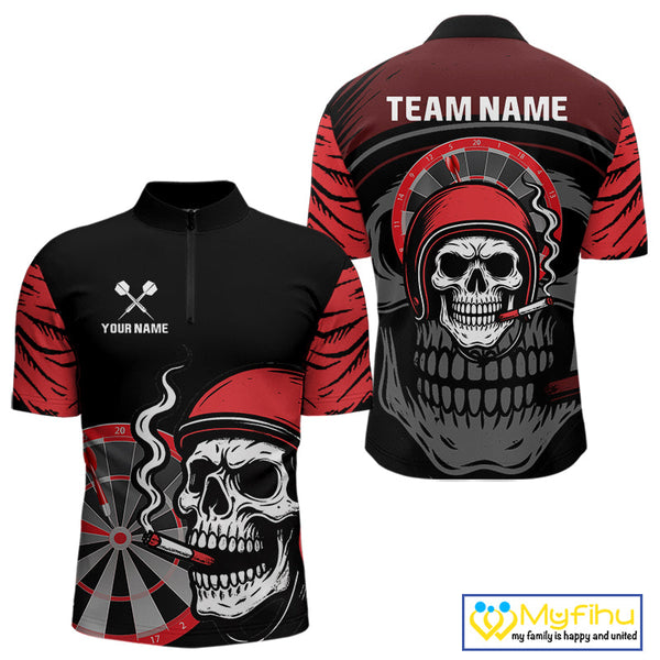 Custom Funny Black And Red Skull Dart Quarter-Zip Shirt For Men, Dart Jersey NYN0557