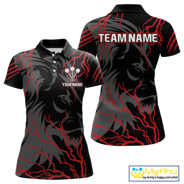 Custom Black And Red Thunder Lightning Lion Dart Jerseys, Dart Team Women Polo Shirts NYN0293