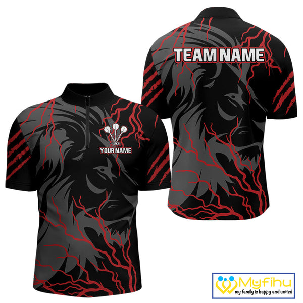 Custom Black And Red Thunder Lightning Lion Dart Jerseys, Dart Team Men Quarter-Zip Shirts NYN0293