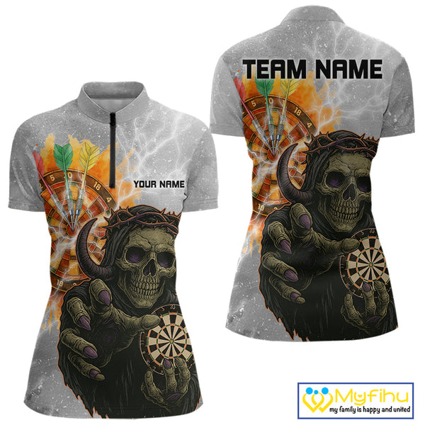 Custom Skull Dart Quarter-Zip Shirt For Women, Dart Team Tournament Shirt Halloween Outfit NYN0295