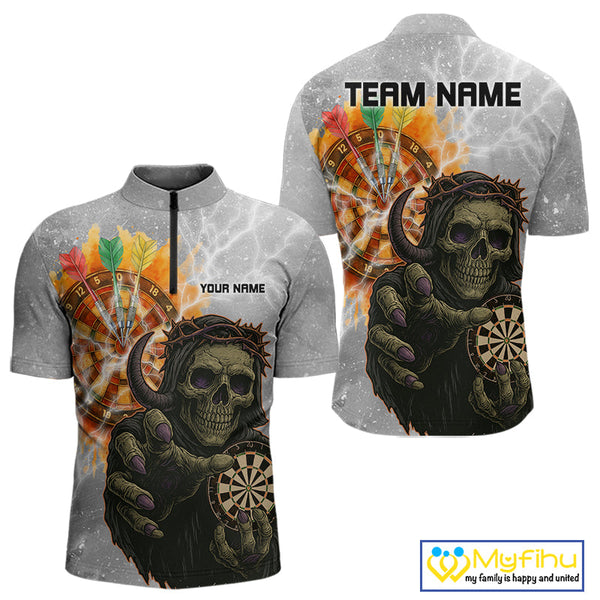 Custom Skull Dart Quarter-Zip Shirts For Men, Dart Team Tournament Shirt Halloween Outfit NYN0295