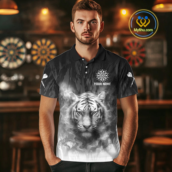 Custom Black And White Smoke Flame Tiger Dart Team Men Polo Shirts, Dart Tournament Outfit NYN0296