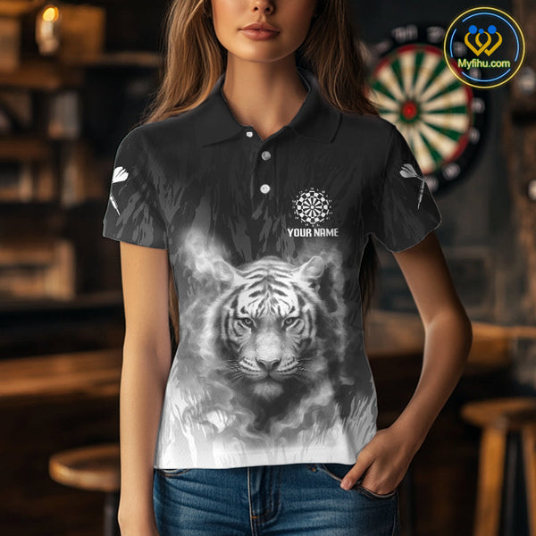 Custom Black And White Smoke Flame Tiger Dart Women Polo Shirts, Dart Tournament Outfit NYN0296