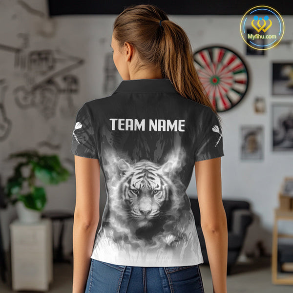 Custom Black And White Smoke Flame Tiger Dart Women Polo Shirts, Dart Tournament Outfit NYN0296