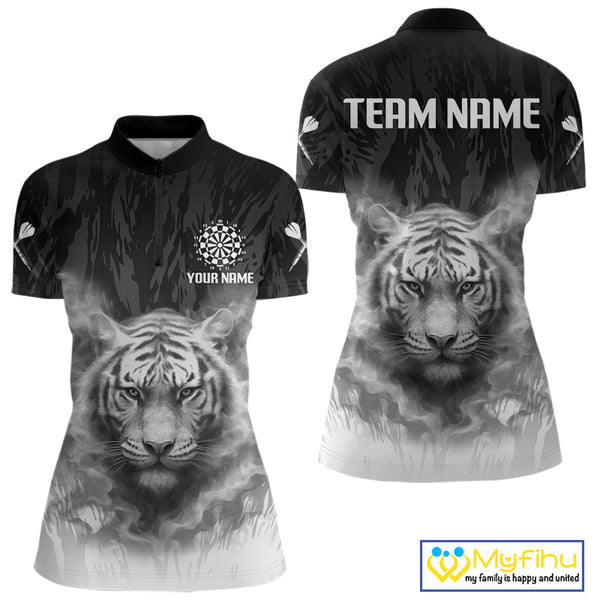 Custom Black And White Smoke Flame Tiger Dart Women Quarter-Zip Shirts, Dart Tournament NYN0296