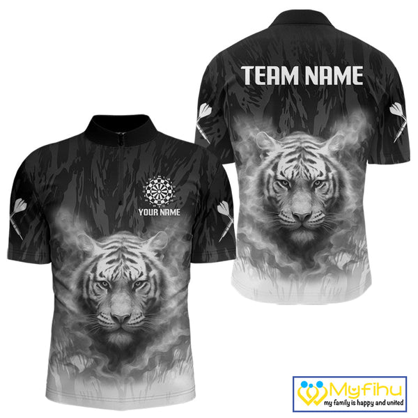 Custom Black And White Smoke Flame Tiger Dart Team Men Quarter-Zip Shirts, Dart Tournament Outfit NYN0296