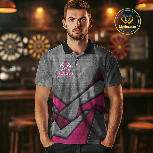 Custom Grunge Black And Pink Dog Dart Polo Shirt For Men, Dart League Shirt NYN0561