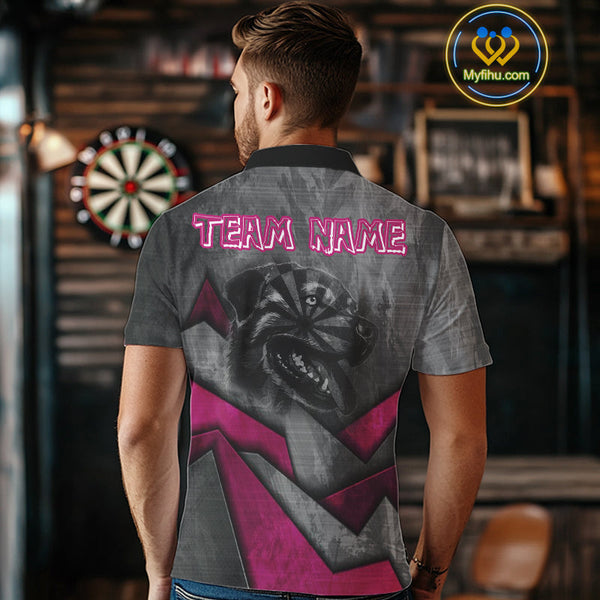 Custom Grunge Black And Pink Dog Dart Polo Shirt For Men, Dart League Shirt NYN0561