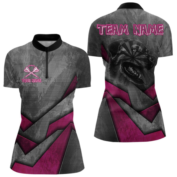 Custom Grunge Black And Pink Dog Dart Quarter-Zip Shirt For Women, Dart League Shirt NYN0561