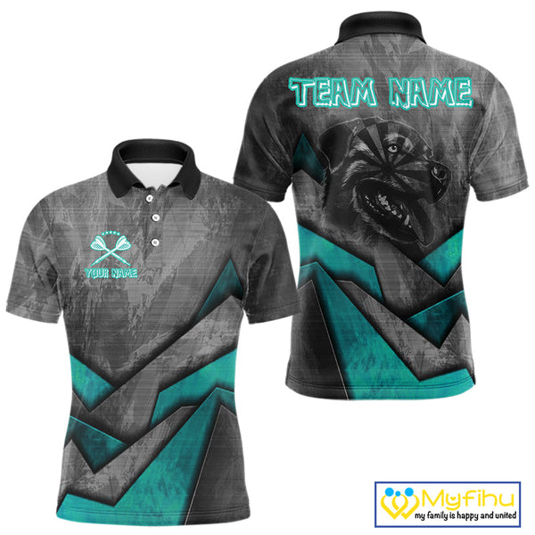 Custom Grunge Black And Blue Dog Dart Polo Shirt For Men, Dart League Shirt NYN0563