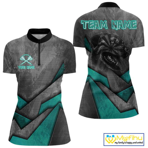 Custom Grunge Black And Blue Dog Dart Quarter-Zip Shirt For Women, Dart League Shirt NYN0563