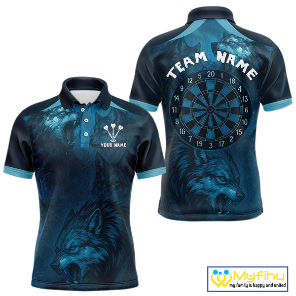 Custom Black And Blue Wolf Dart Team Men Polo Shirts, Wolf Dart League Shirt NYN0306