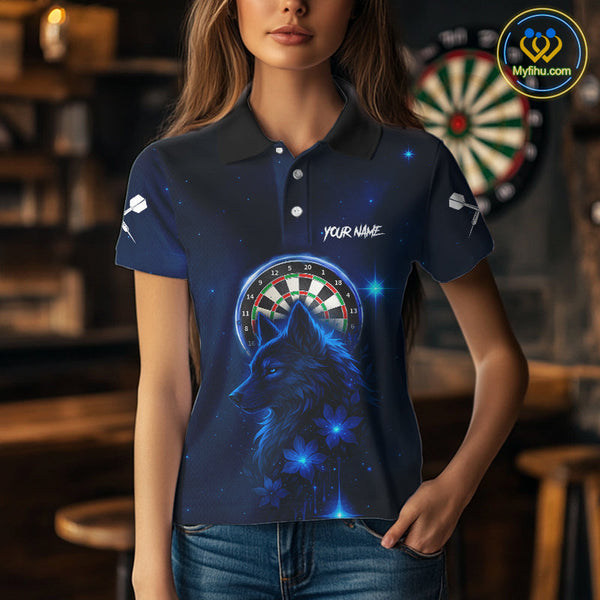 Custom Black And Blue Galaxy Wolf Dart Team Polo Shirt For Women, Dart Jersey NYN0577