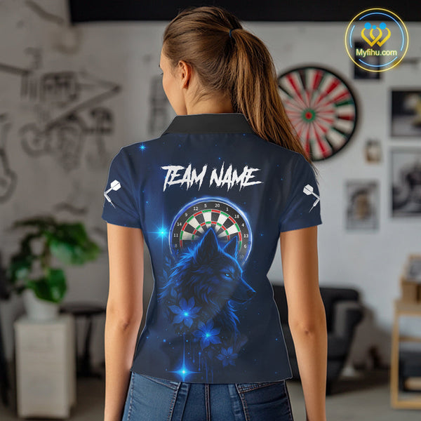 Custom Black And Blue Galaxy Wolf Dart Team Polo Shirt For Women, Dart Jersey NYN0577