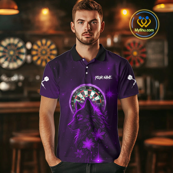 Custom Black And Purple Galaxy Wolf Dart Team Polo Shirt For Men, Dart Jersey NYN0578