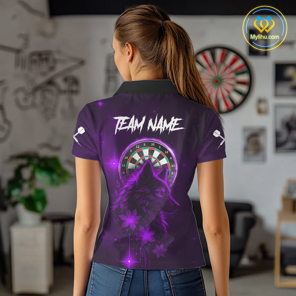 Custom Black And Purple Galaxy Wolf Dart Team Polo Shirt For Women, Dart Jersey NYN0578