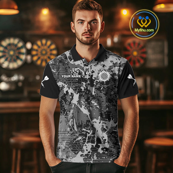 Custom Black And Gray Splatter Camouflage Dart Team Men Polo Shirts, Dart League Shirt NYN0321