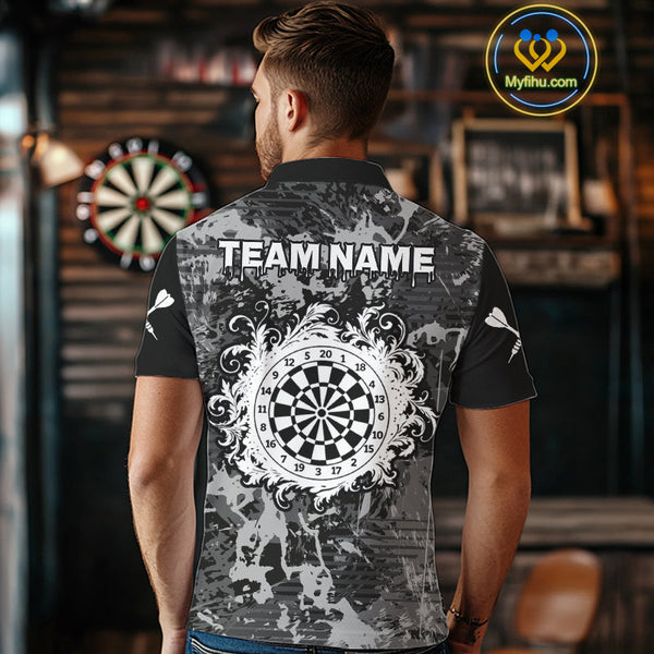 Custom Black And Gray Splatter Camouflage Dart Team Men Polo Shirts, Dart League Shirt NYN0321