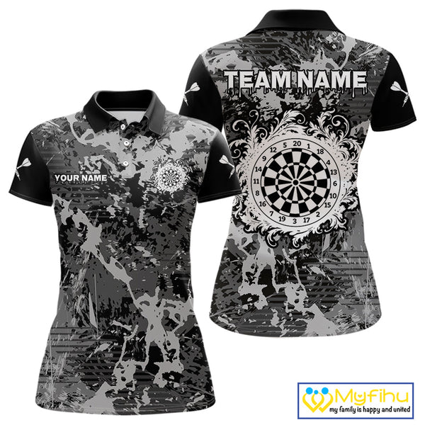 Custom Black And Gray Splatter Camouflage Dart Team Women Polo Shirts, Dart League Shirt NYN0321