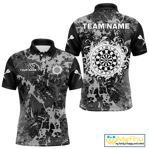 Custom Black And Gray Splatter Camouflage Dart Team Men Polo Shirts, Dart League Shirt NYN0321