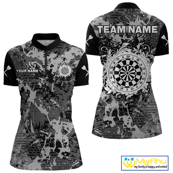 Custom Black And Gray Splatter Camouflage Dart Team Women Quarter-Zip Shirts NYN0321