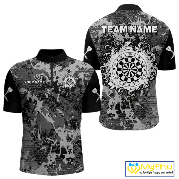 Custom Black And Gray Splatter Camouflage Dart Team Men Quarter-Zip Shirts, Dart League Shirt NYN0321
