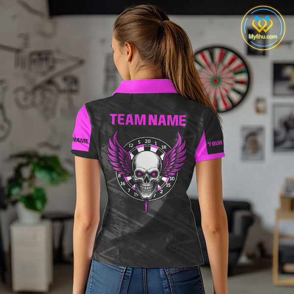 Custom Black And Pink Skull Darts Jersey, Skull And Wings Dart Polo Shirts For Women NYN0324