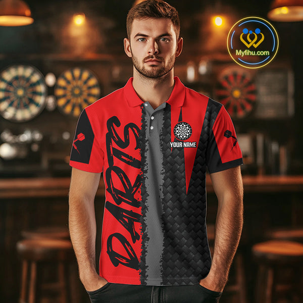 Custom Black And Red Dart Jerseys. Red Dart Team Polo Shirts For Men NYN0326