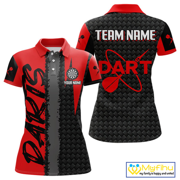 Custom Black And Red Dart Jerseys. Red Dart Team Polo Shirts For Women NYN0326