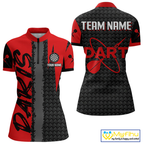 Custom Black And Red Dart Jerseys. Red Dart Team Quarter-Zip Shirts For Women NYN0326