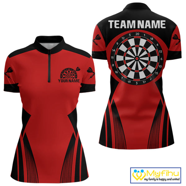 Custom Black And Red Dart Quarter-Zip Shirts For Women, Dart Team Uniform Tournament Shirt NYN0327