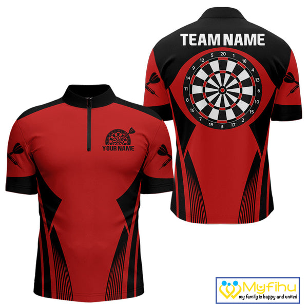 Custom Black And Red Dart Quarter-Zip Shirts For Men, Dart Team Uniform Tournament Shirt NYN0327
