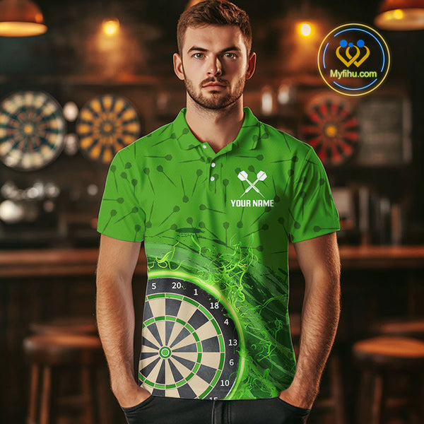 Custom Darts Pattern Green Fire Flame Dartboard Dart Polo Team Shirts For Men NYN0595