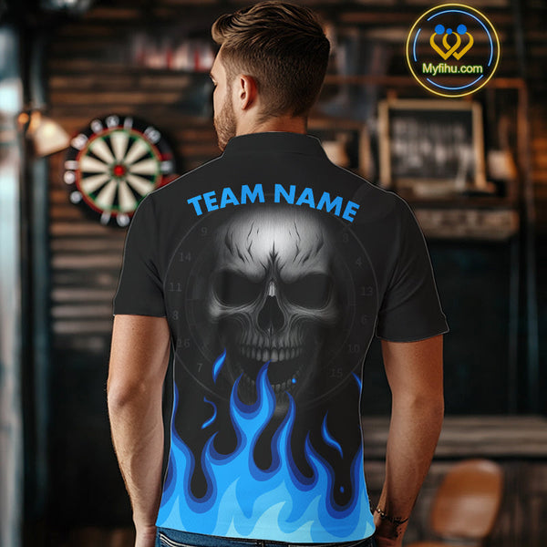 Custom Black And Blue Flame Skull Dart Team Polo Shirt For Men, Halloween Dart Shirt NYN0597