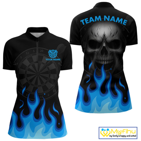 Custom Black And Blue Flame Skull Dart Team Women Quarter-Zip Shirt, Halloween Dart Shirt NYN0597