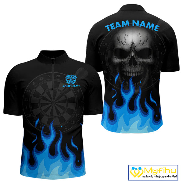 Custom Black And Blue Flame Skull Dart Team Quarter-Zip Shirt For Men, Halloween Dart Shirt NYN0597
