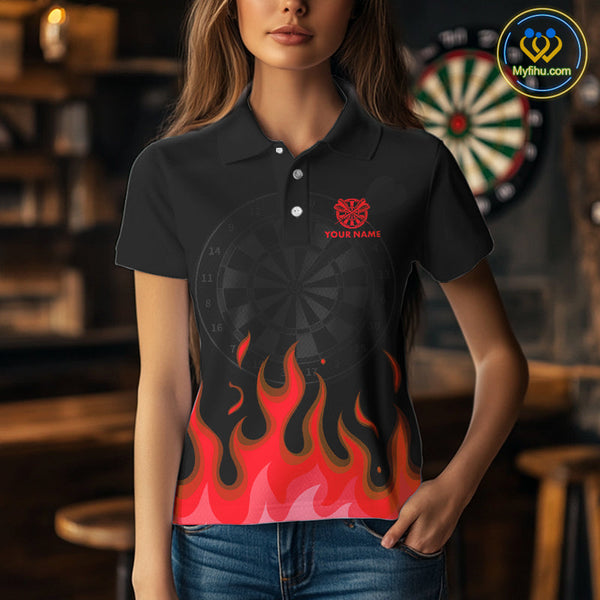 Custom Black And Red Flame Skull Dart Team Polo Shirt For Women, Halloween Dart Shirt NYN0598