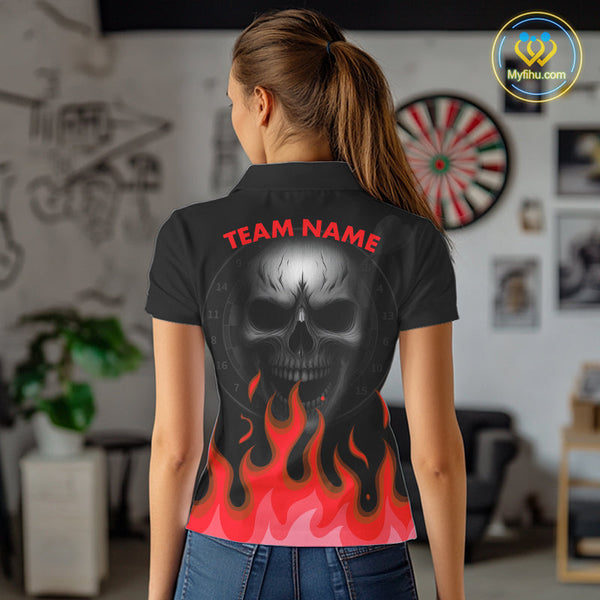 Custom Black And Red Flame Skull Dart Team Polo Shirt For Women, Halloween Dart Shirt NYN0598