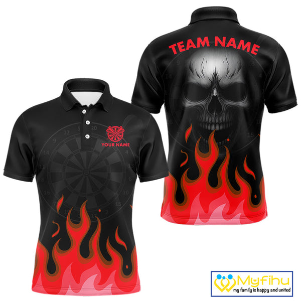 Custom Black And Red Flame Skull Dart Team Polo Shirt For Men, Halloween Dart Shirt NYN0598
