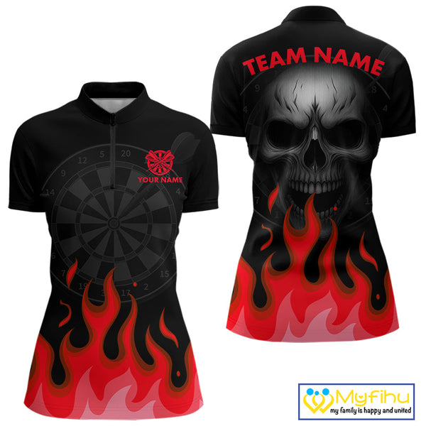 Custom Black And Red Flame Skull Dart Team Women Quarter-Zip Shirt, Halloween Dart Shirt NYN0598