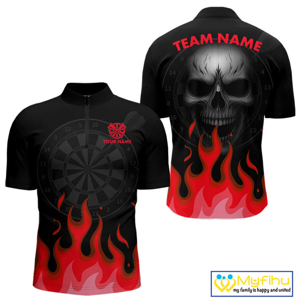 Custom Black And Red Flame Skull Dart Team Quarter-Zip Shirt For Men, Halloween Dart Shirt NYN0598