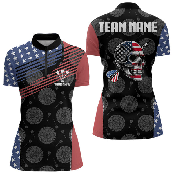 Custom US Flag Skull Dart Team Quarter-Zip Shirts For Women, Patriotic Dart League Shirt NYN0013