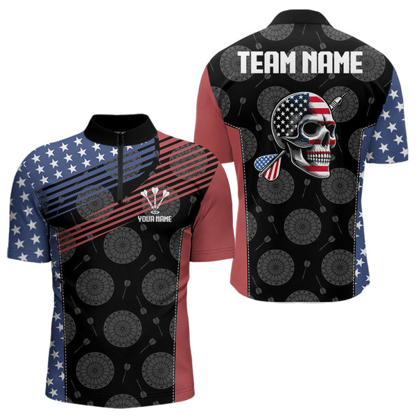 Custom US Flag Skull Dart Team Quarter-Zip Shirts For Men, Patriotic Dart League Shirt NYN0013