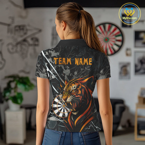Custom Black And Gray Camo Tiger Dart Team Women Polo Shirts, Dart Jerseys NYN0334