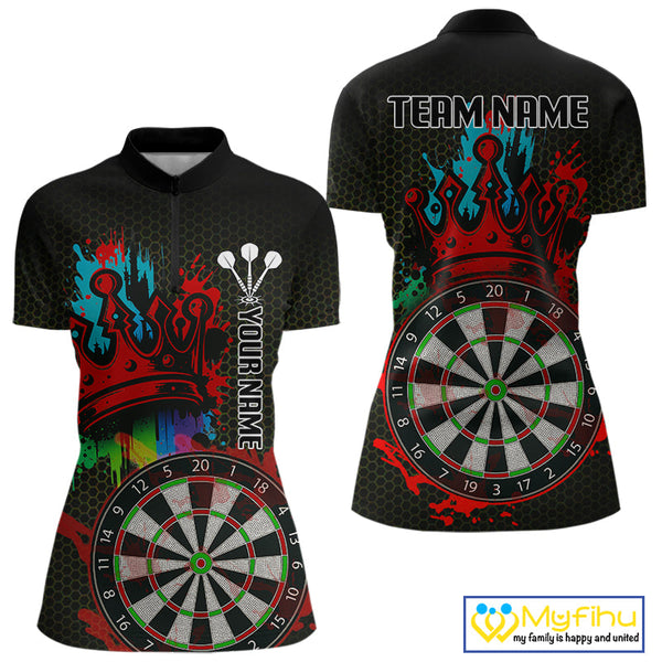 Custom Colorful Splatter Dartboard King Crown Dart Quarter-Zip Shirt For Women NYN0608